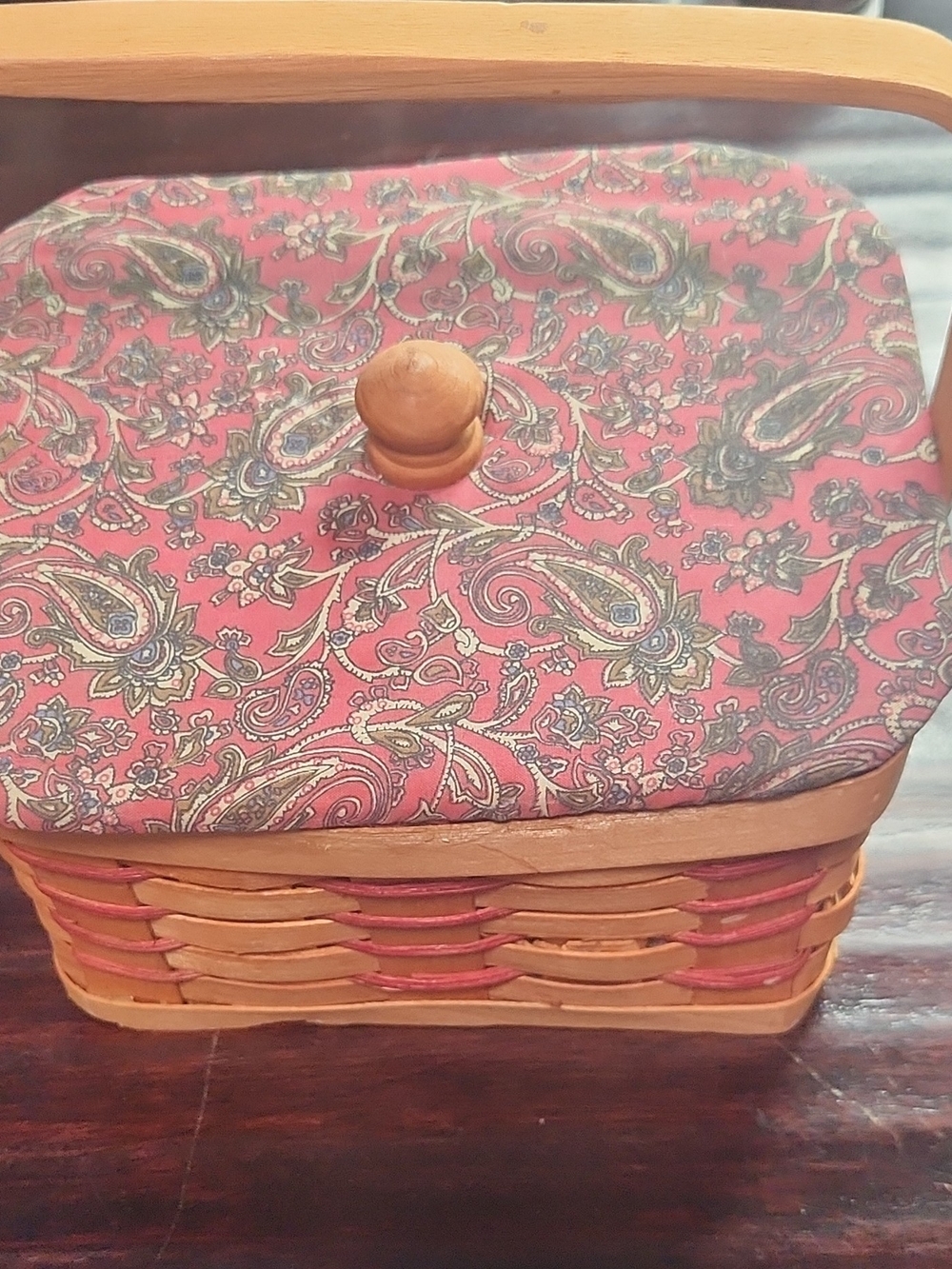 Handwoven Decorative Basket with Red Paisley Fabric Lid